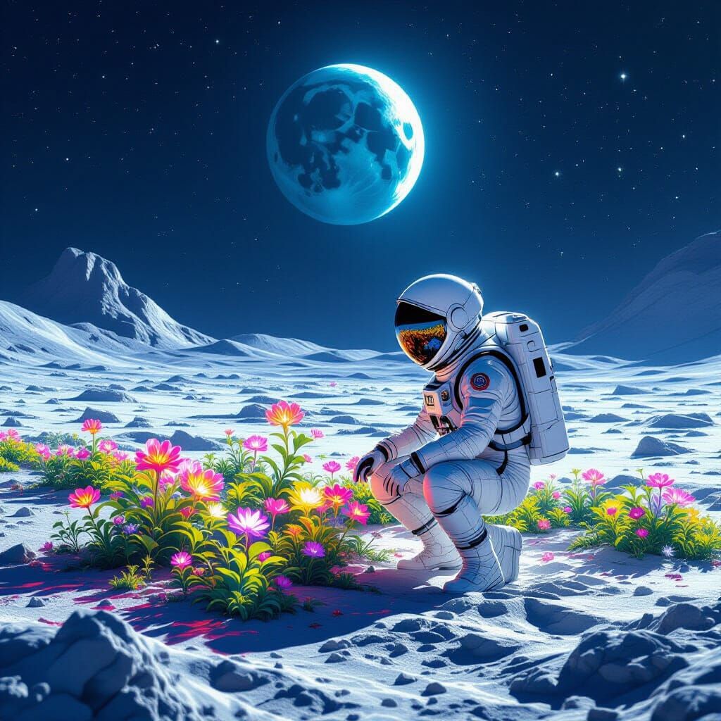 Astronaut Tends Alien Garden Under Earthlight