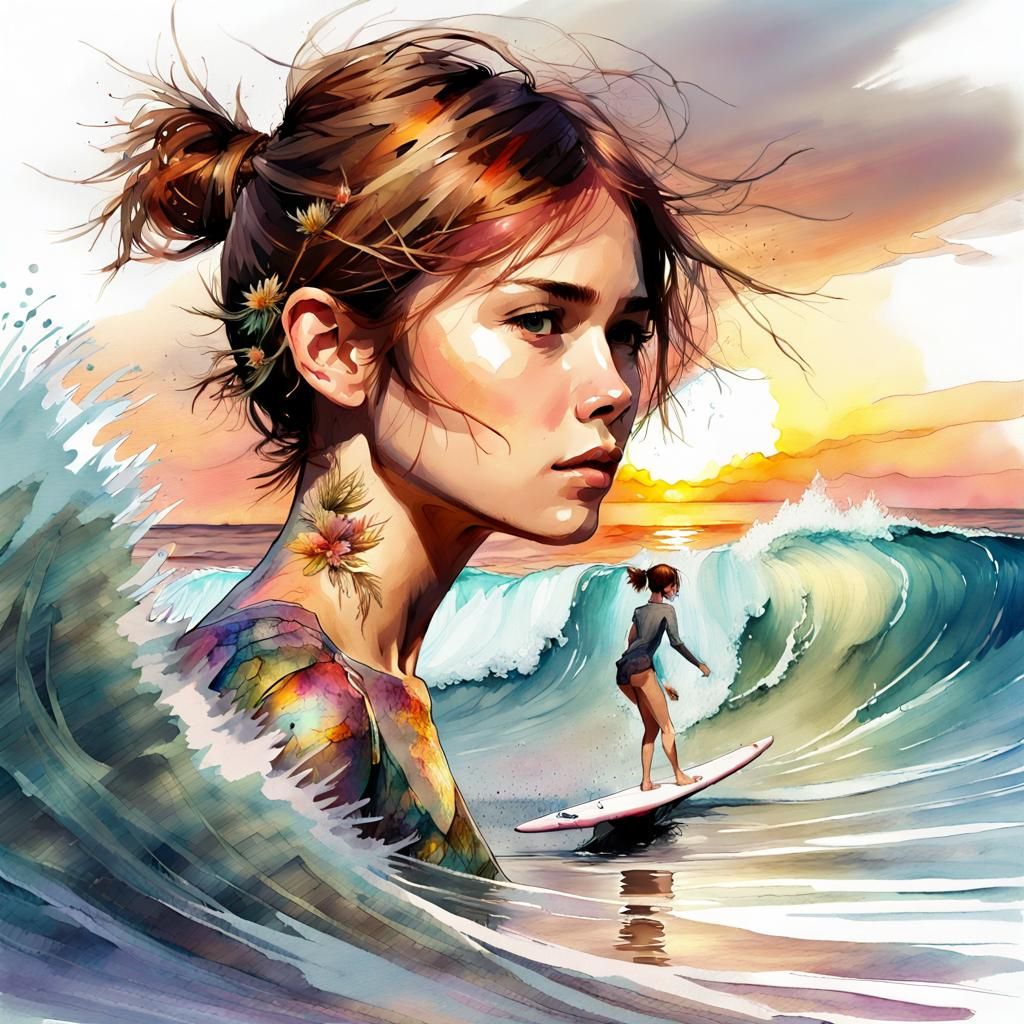 Watercolor Girl Surfing at Sunset in Fantasy Style