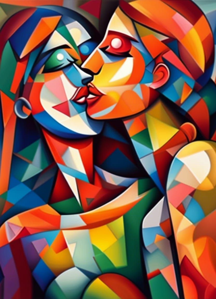 Cubist Lesbian Kiss in Geometric Fauvism Style