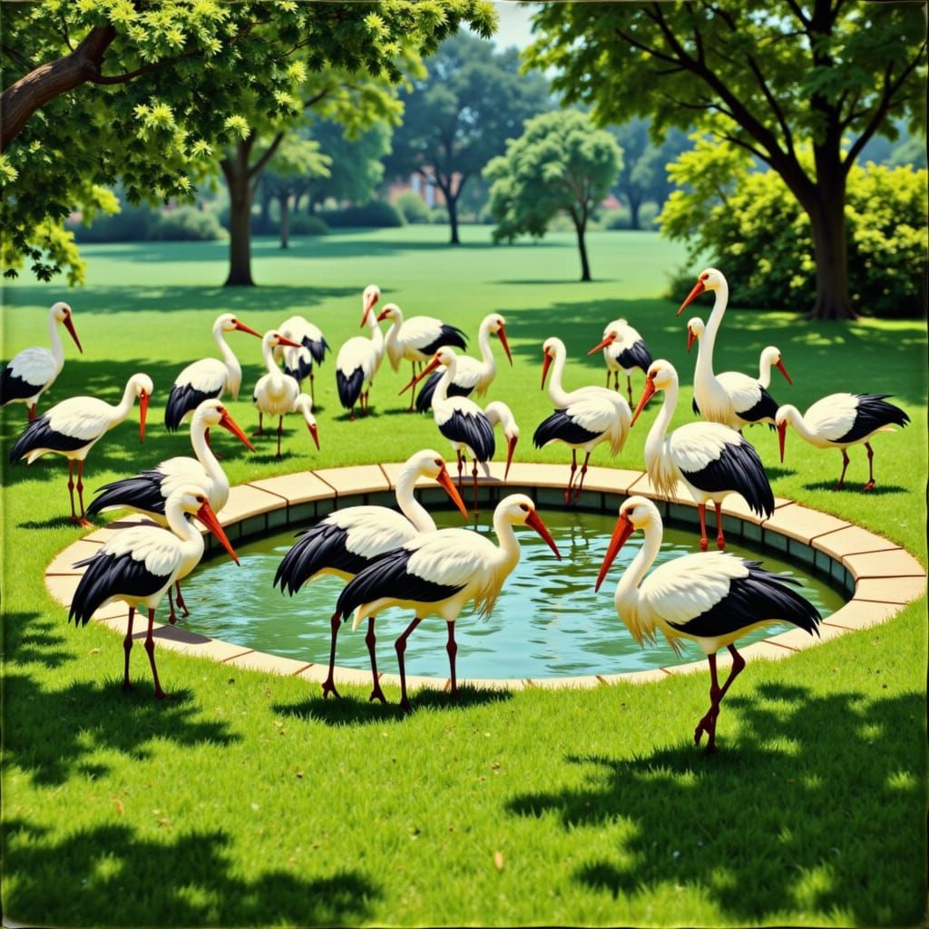Storks Gather at City Park Water Hole