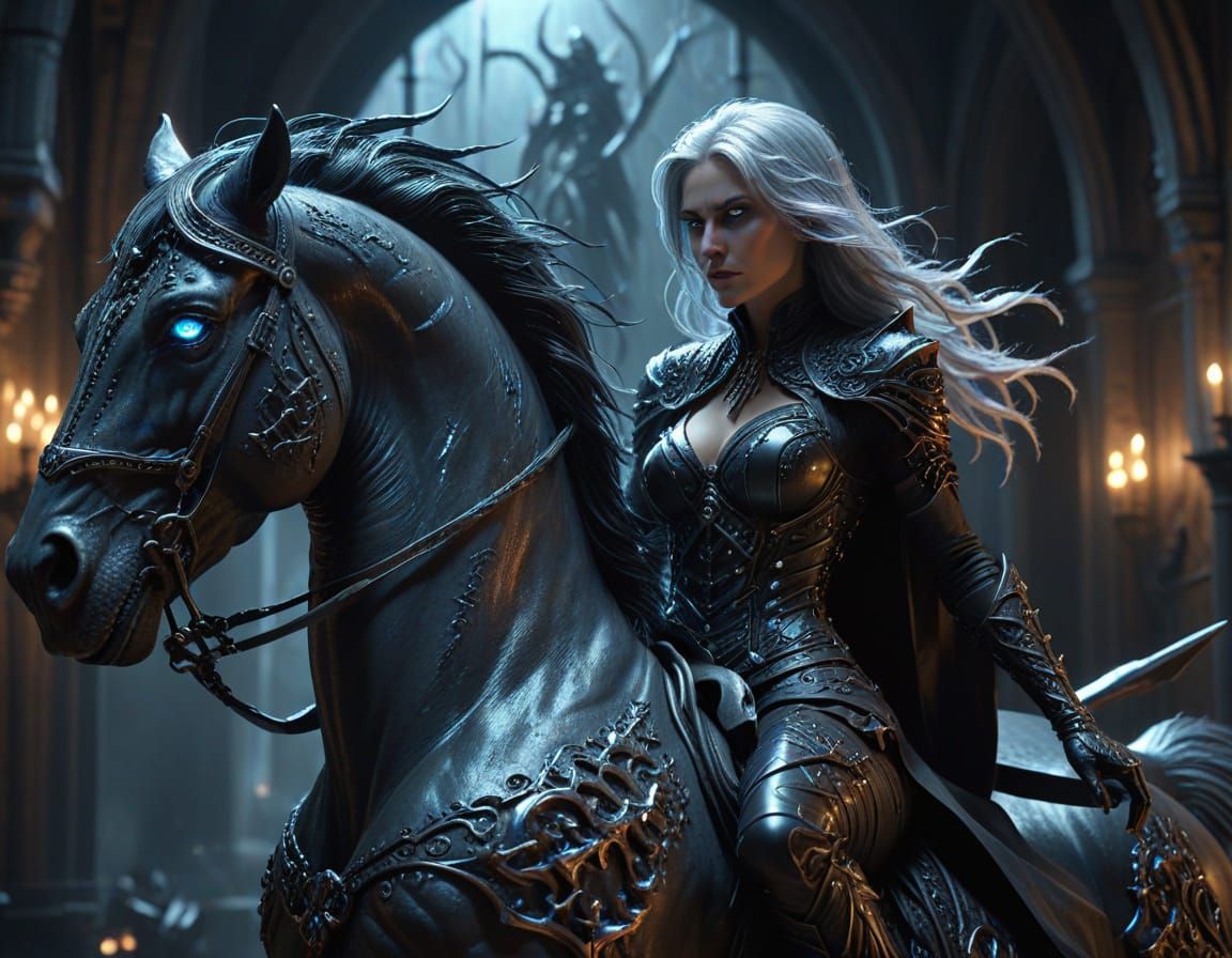 Grim Reaper Woman Rides Demonic Warhorse in Dark Fantasy Art