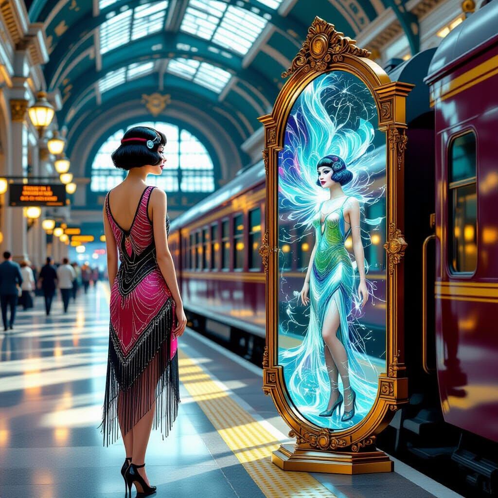 Flapper Woman's Reflection Transforms in Art Deco Station