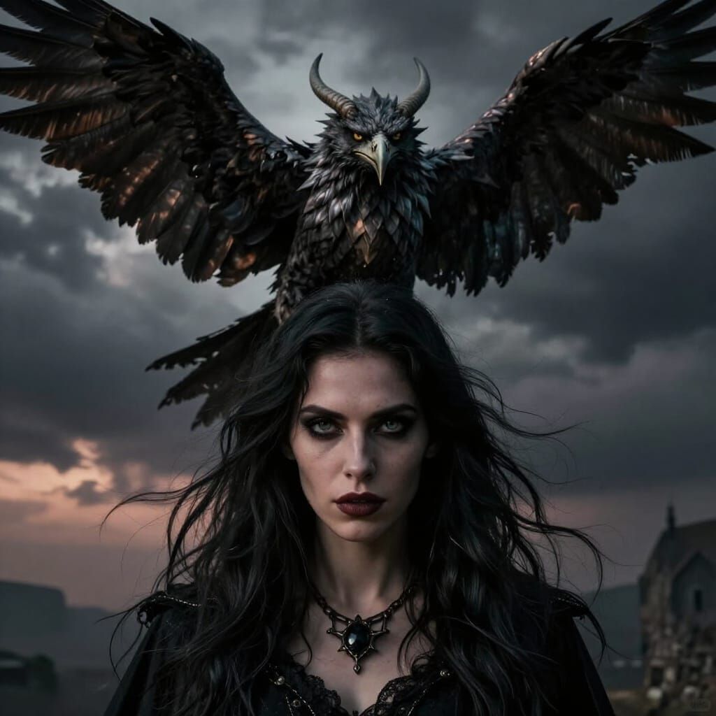 Dark Witch and Wicked Griffins in Chiaroscuro Portrait