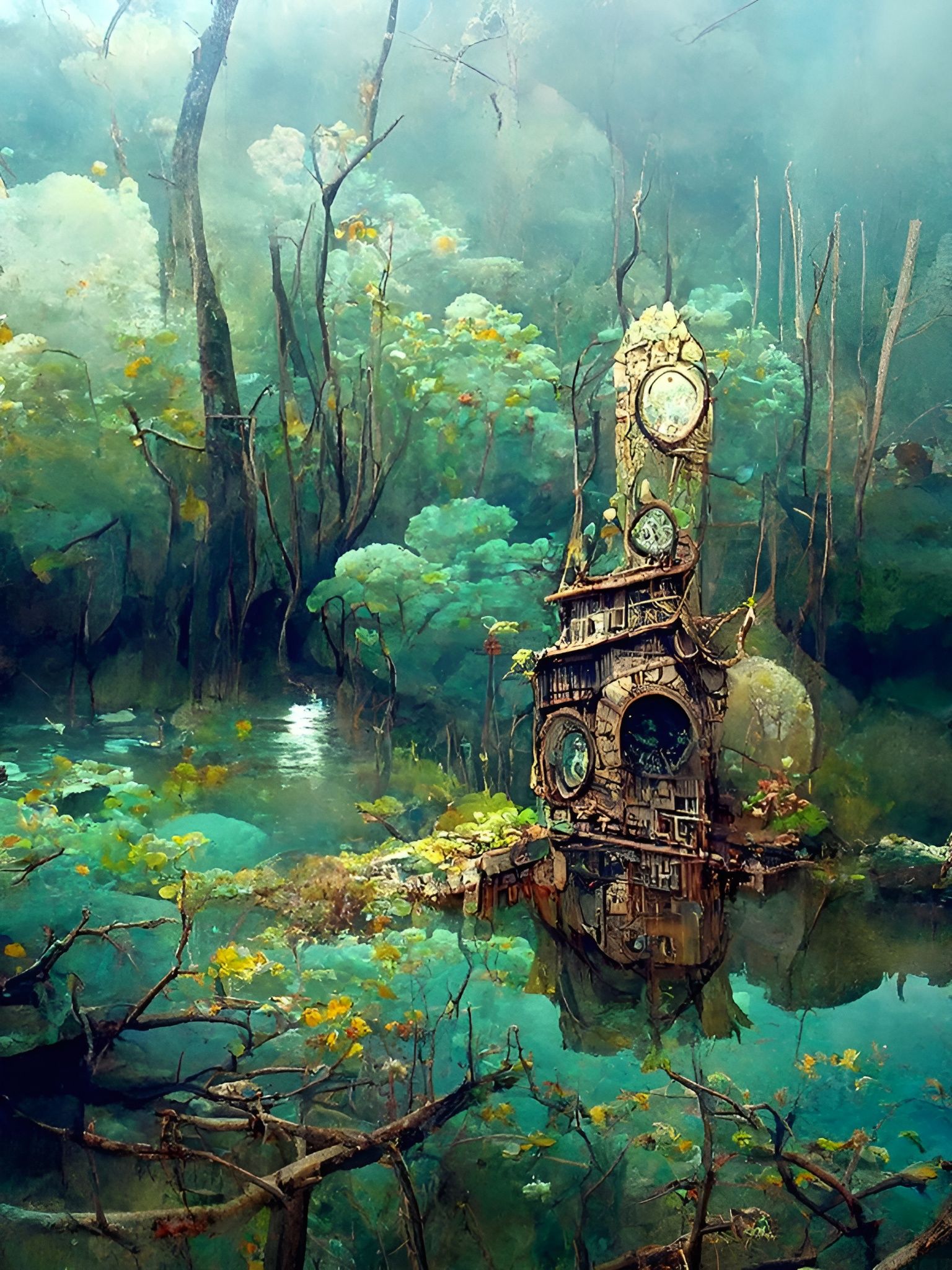 Antique Clock Hidden in Swamp: Fantasy Art