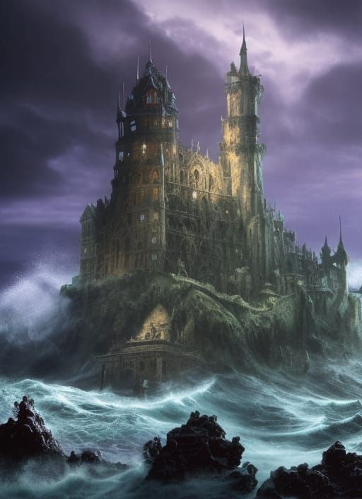 Gothic Castle Emerges From Tentacled Sea: Dark Fantasy Art