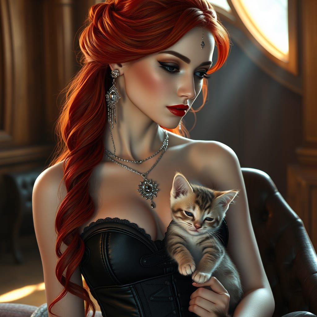 Regal Goddess with Fiery Red Hair and Bold Makeup