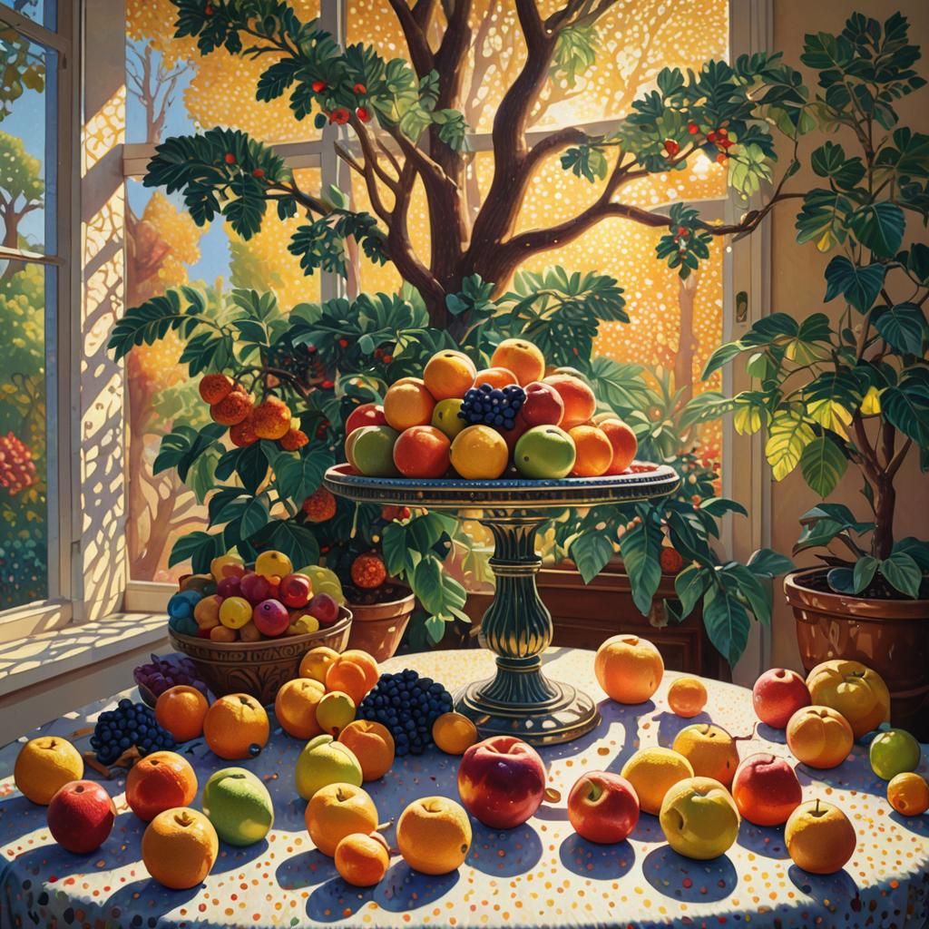 Vibrant Pointillism Still Life with Golden Light