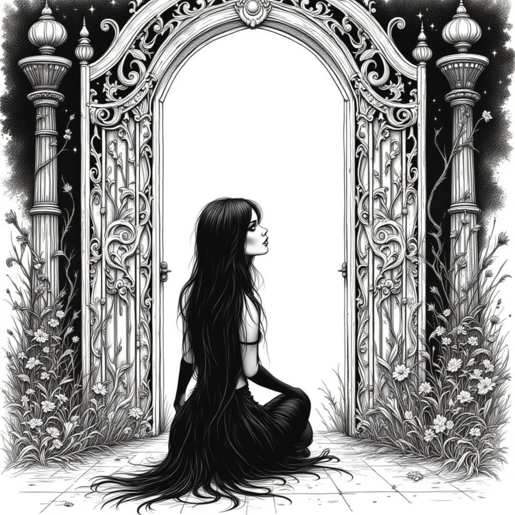 Gothic Woman Illustration in Charcoal and Pencil Sketch Styl...