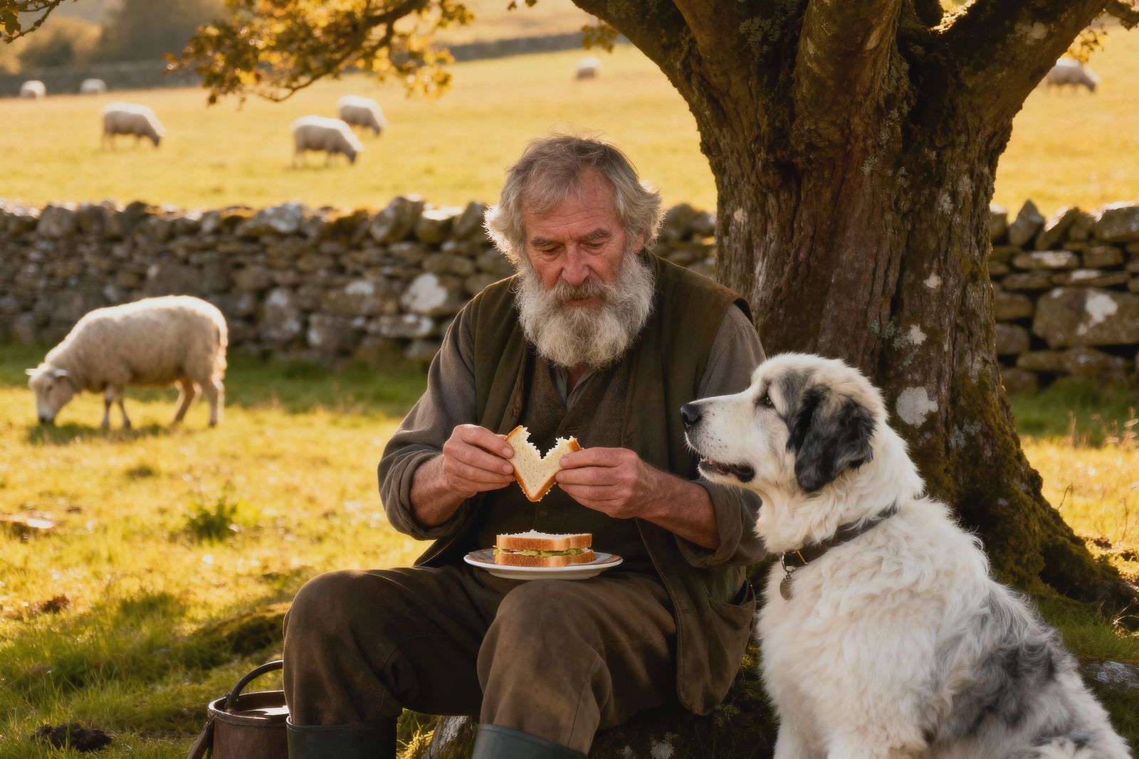 Old English shepherd and his sheepdog