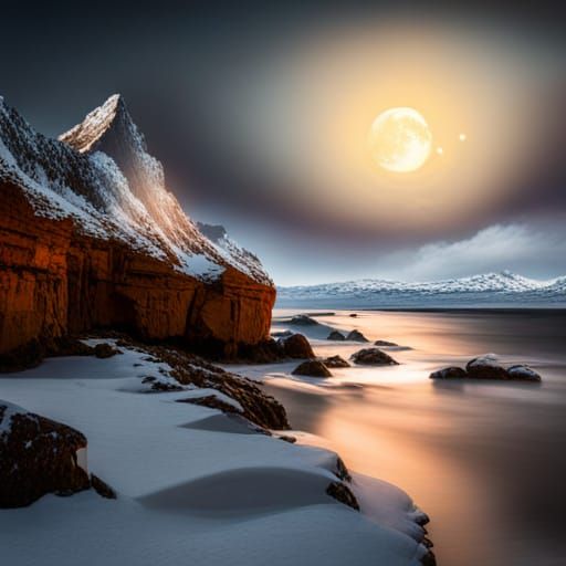 Snowy Beach Under Full Moon with Lens Flare