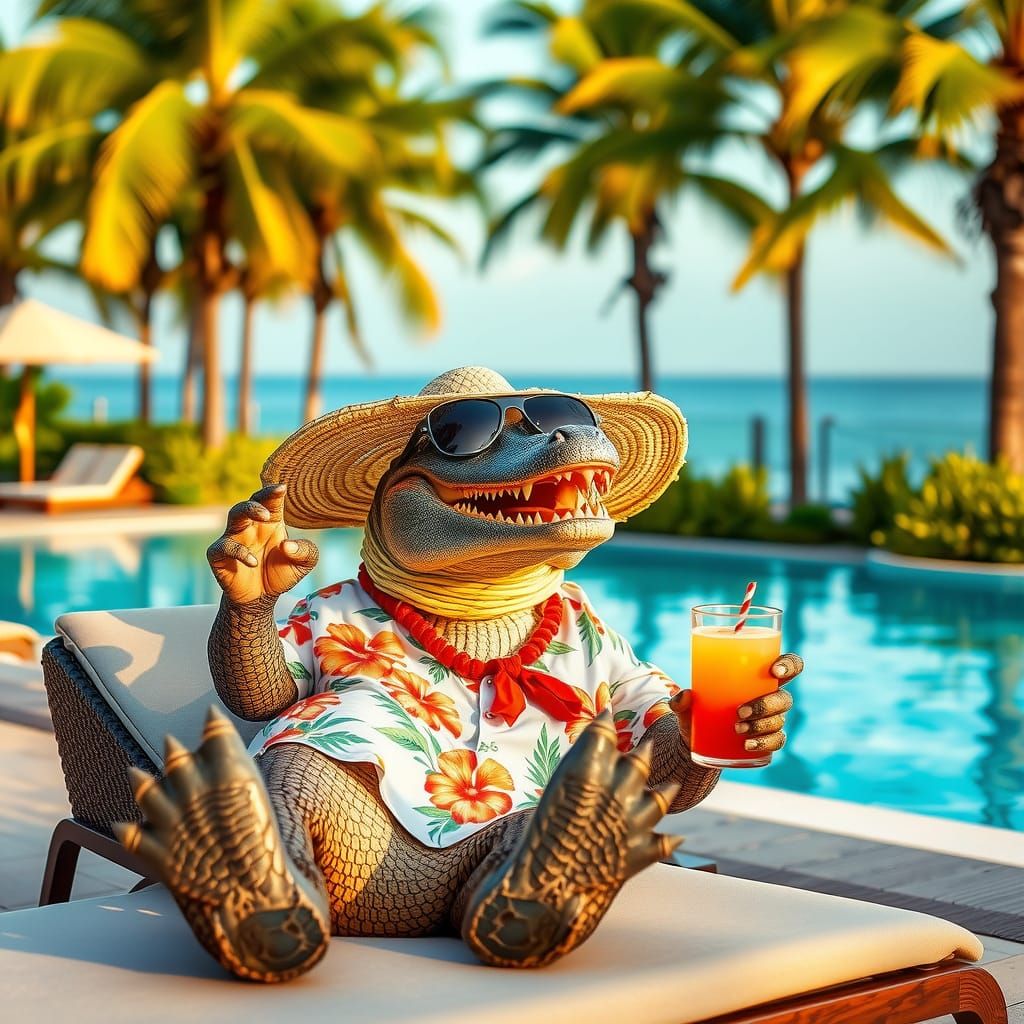 Anthropomorphic Crocodile Lounging Poolside in Golden Light