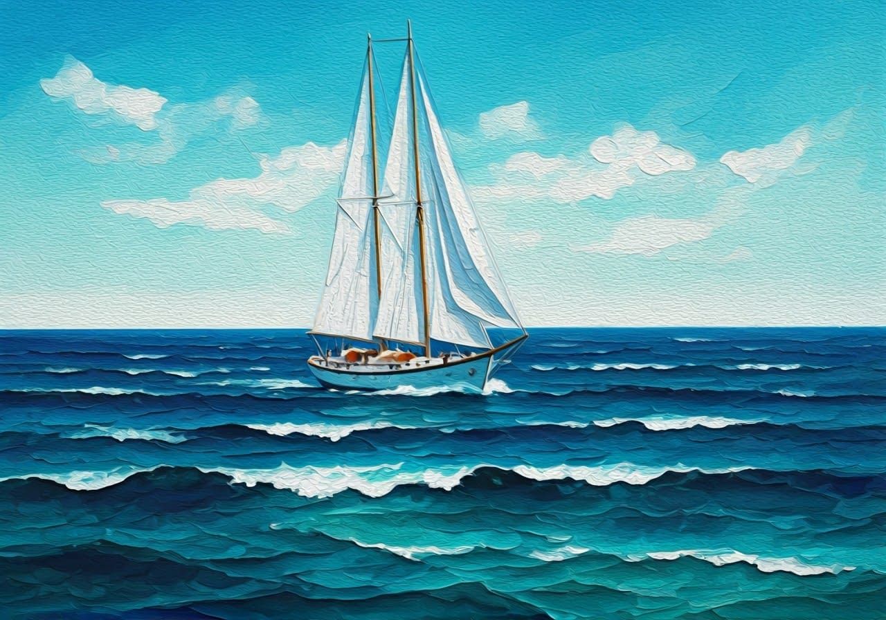 White Sailboat on Turquoise Waters as Impasto Painting