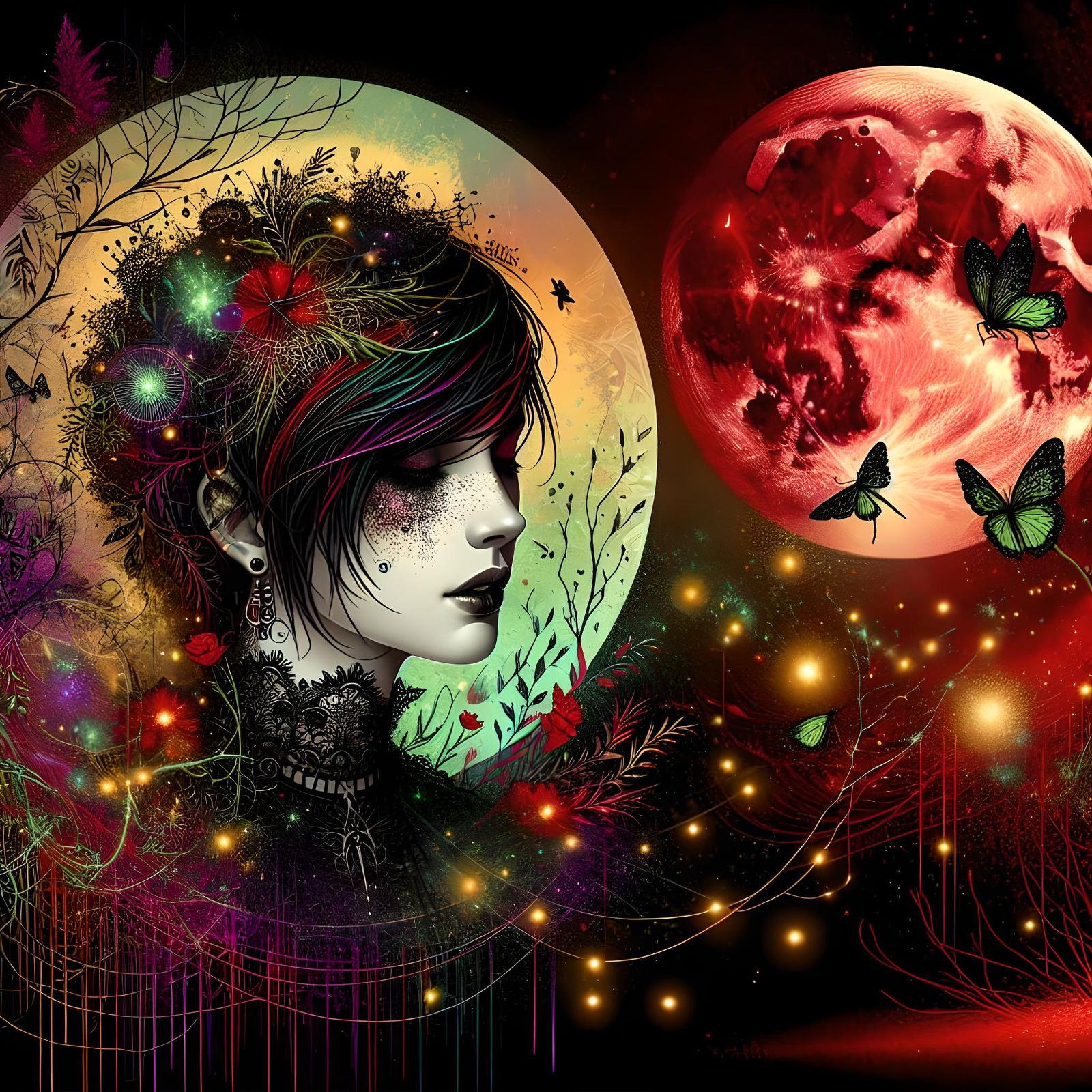 Gothic Goddess Portrait with Red Moon