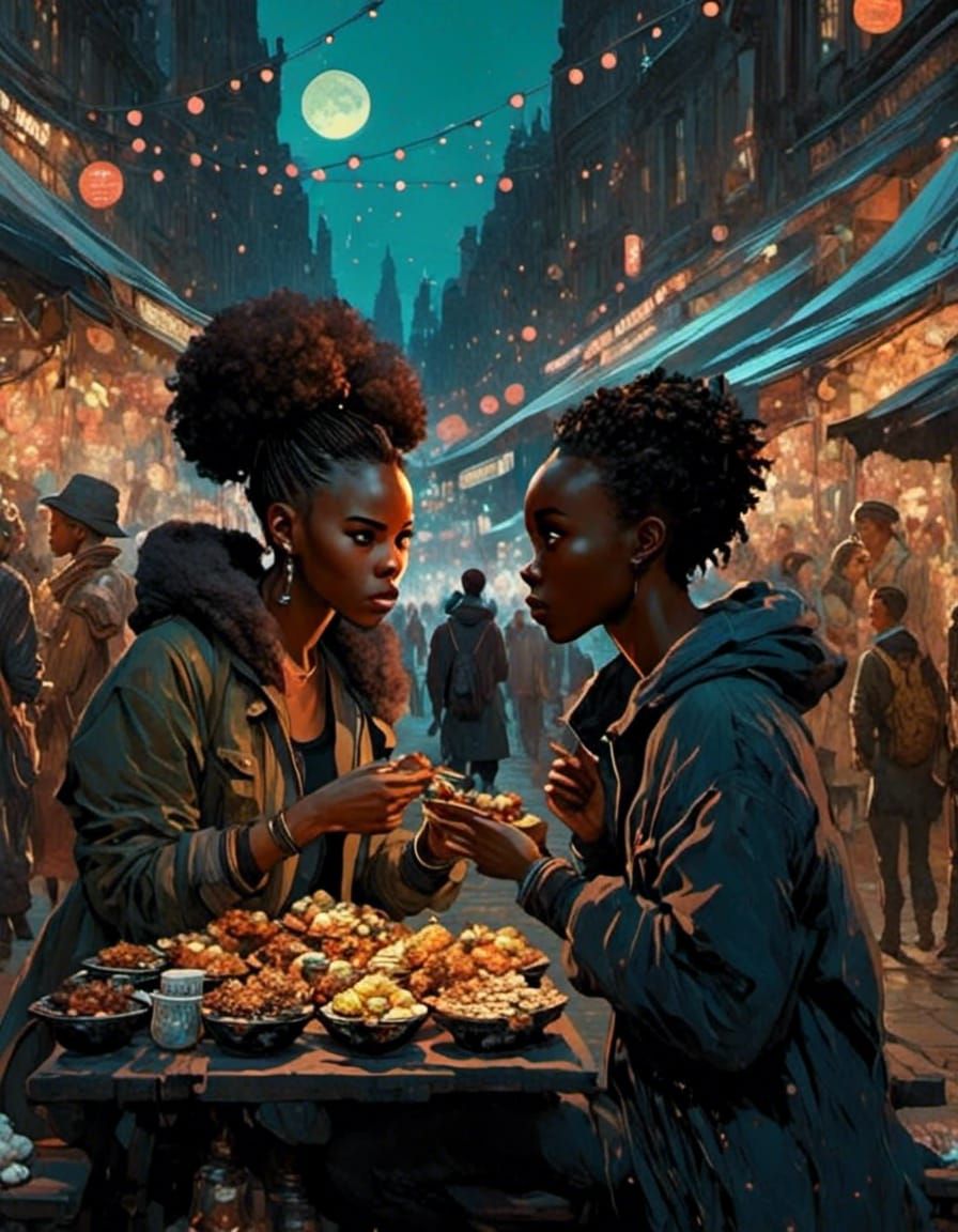 Angry People Arguing at Night Market in Photorealistic Style