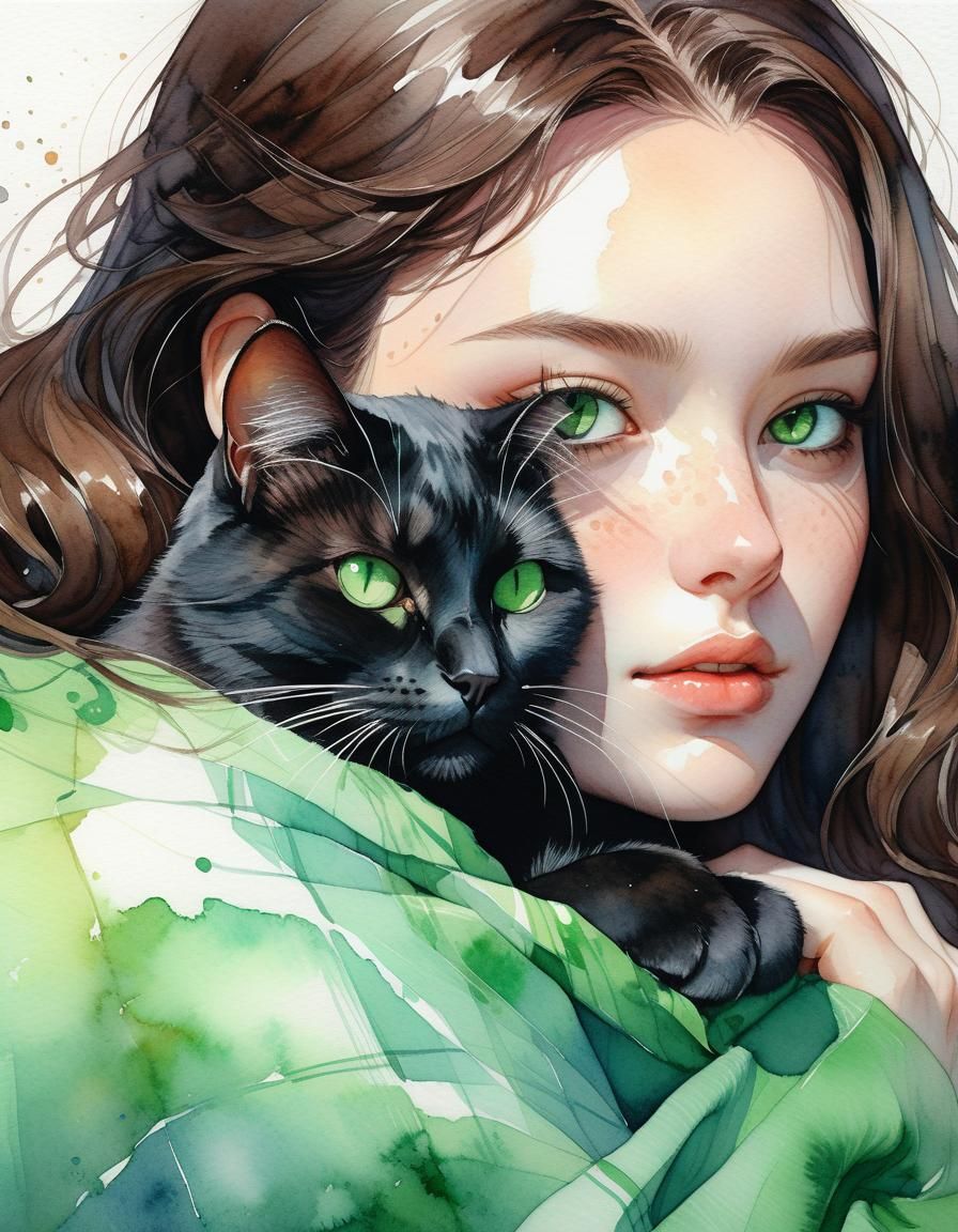 Woman and Cat: Watercolor Fantasy Art