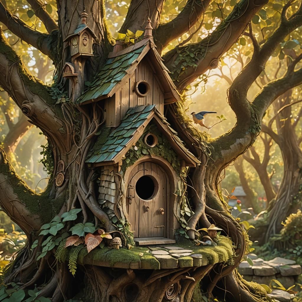 Whimsical Birdhouse in Fantasy Treehouse Architecture