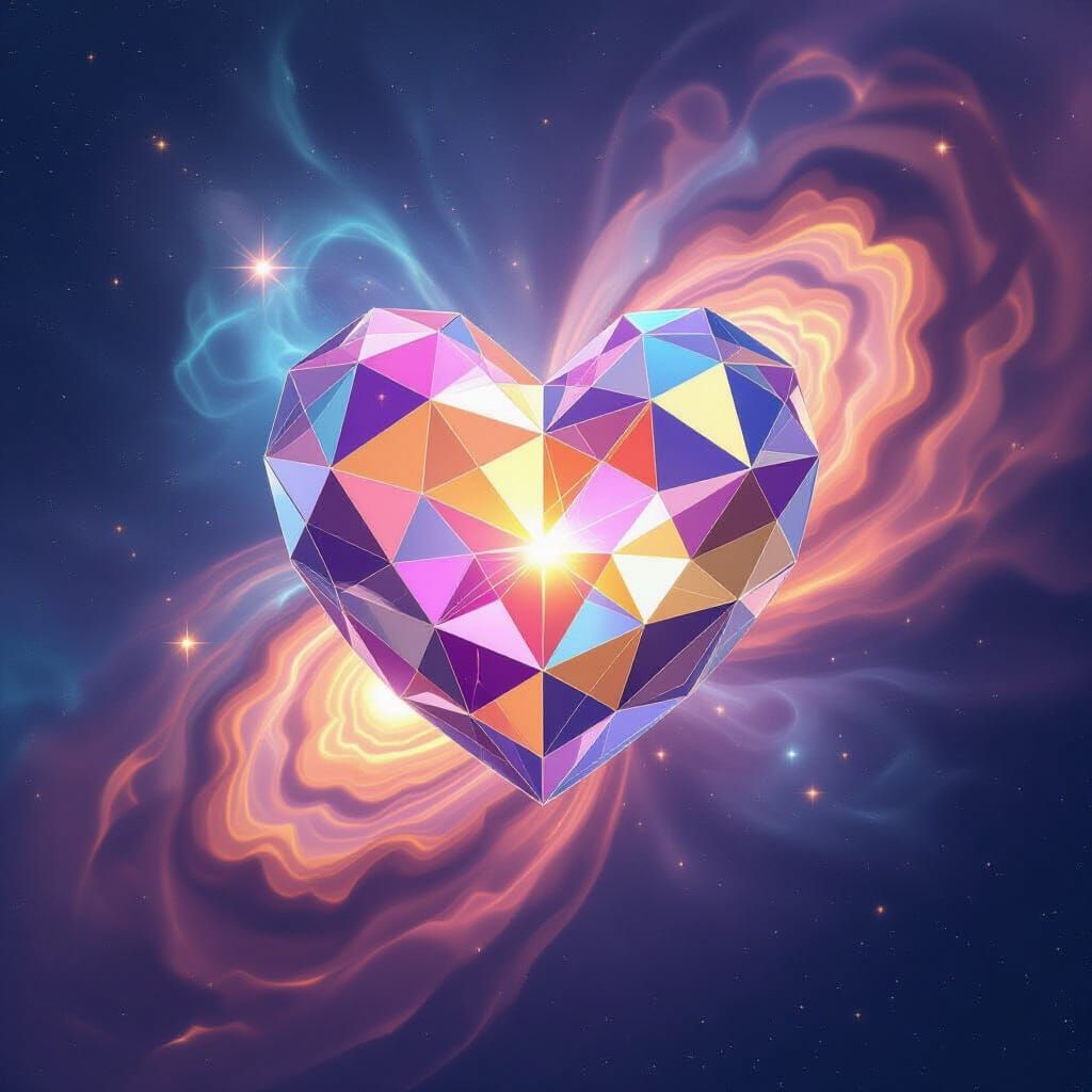 Geometric Heart Floating in Radiant Nebula