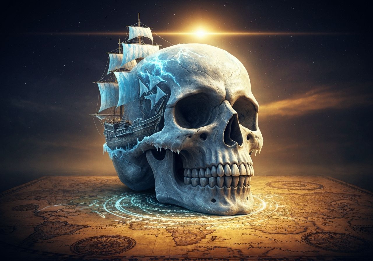 Icy Pirate Skull on Ancient Map, Digital Art