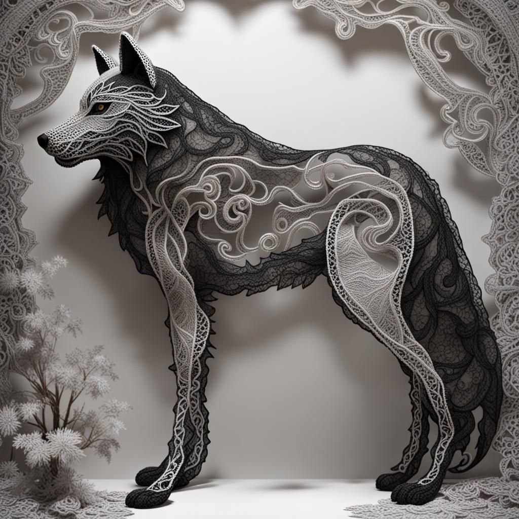 A wolf made entirely of lace, intricate lace silver lace, black and white lace, hyperdetailed, fantasy