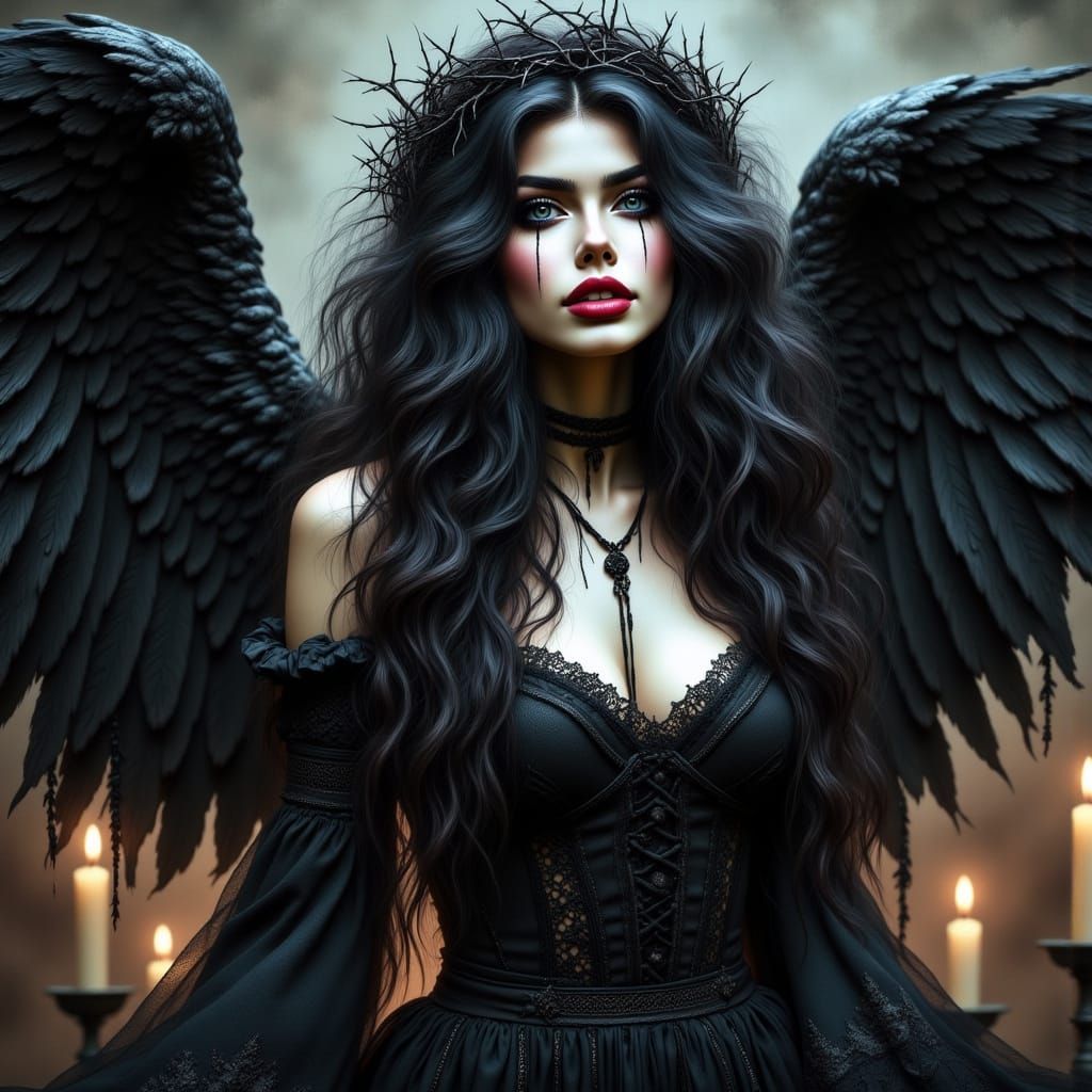 Ethereal Gothic Fallen Angel in Victorian Attire with Black ...