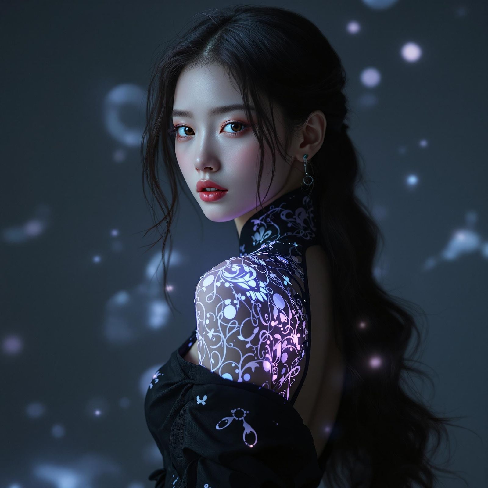 Ethereal Asian Girl in Futuristic Gown