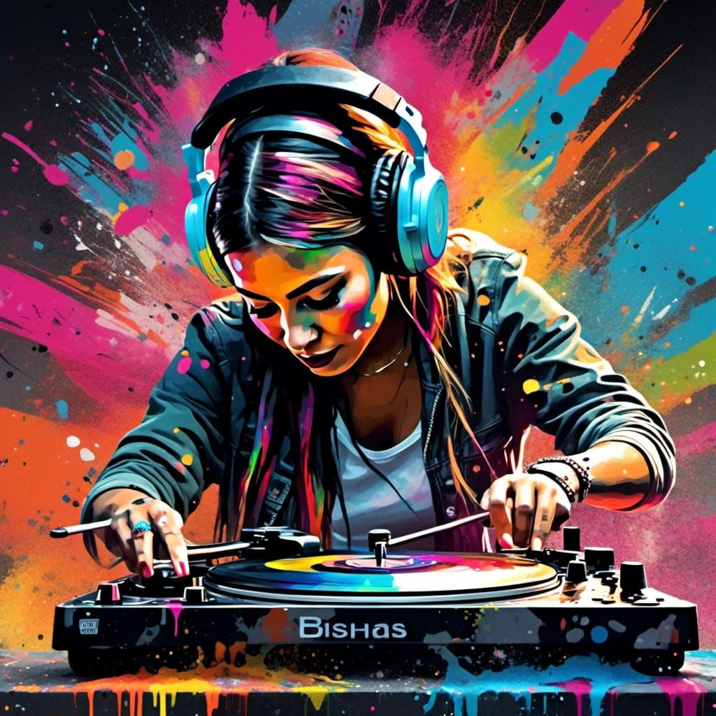 Female DJ in Street Art Inspired Digital Illustration