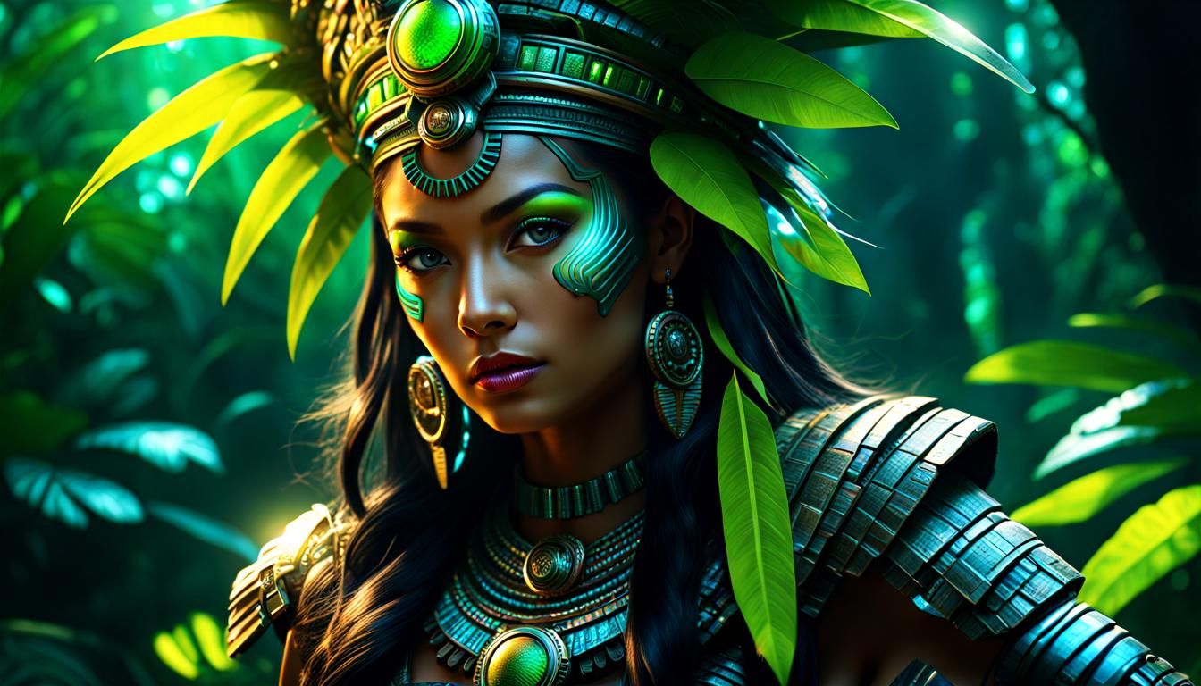 Dark Jungle Mayan Queen in Nuclearpunk Concept Art