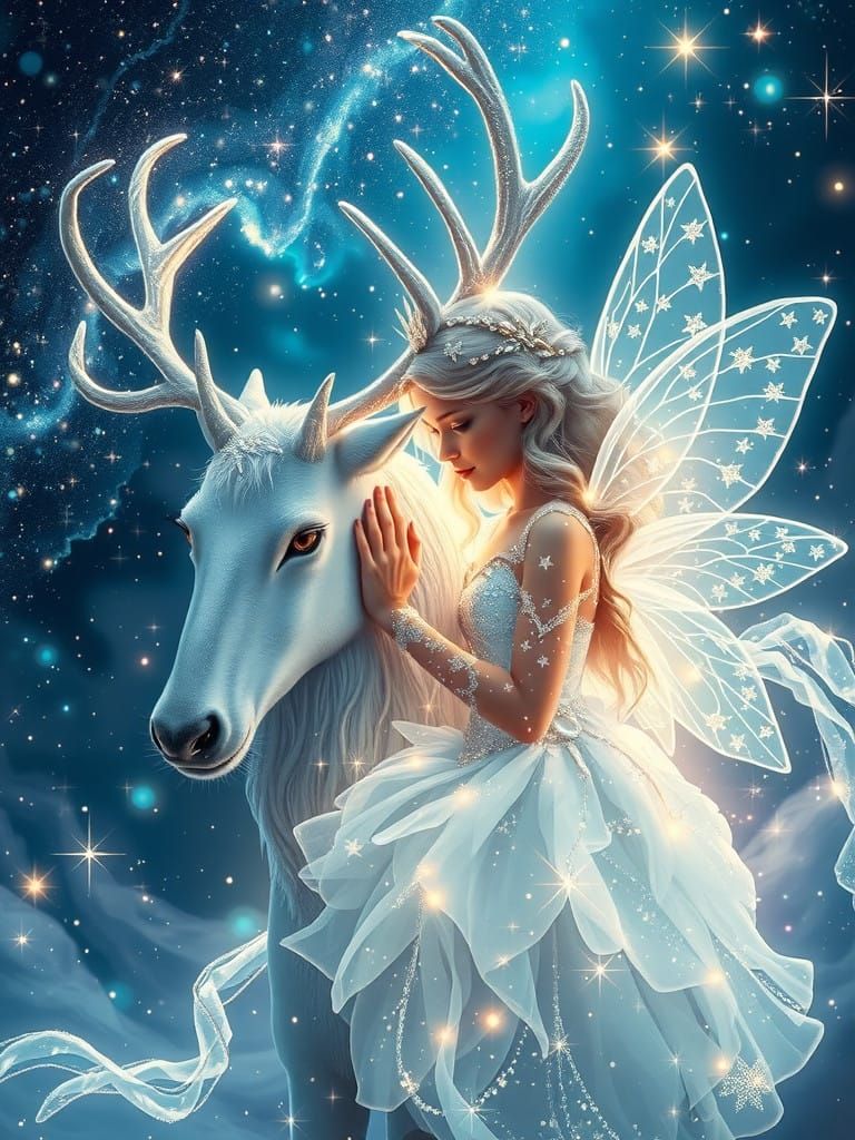 Ethereal Fairy and Majestic Reindeer in Cosmic Realm