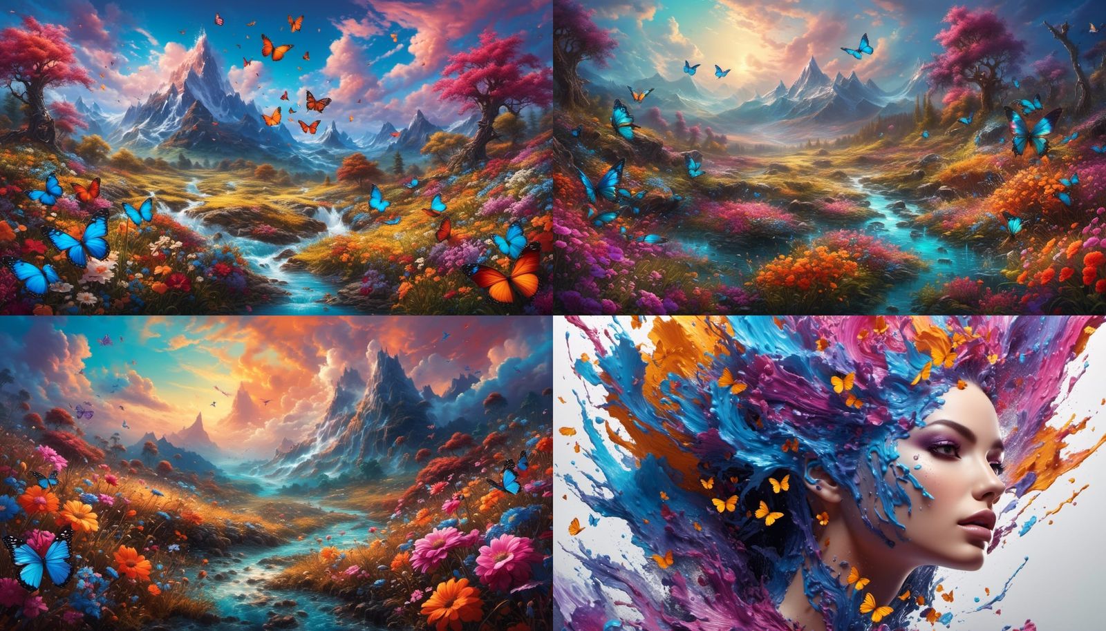 Vibrant Meadow with Colorful Butterflies in Splash Color Sky