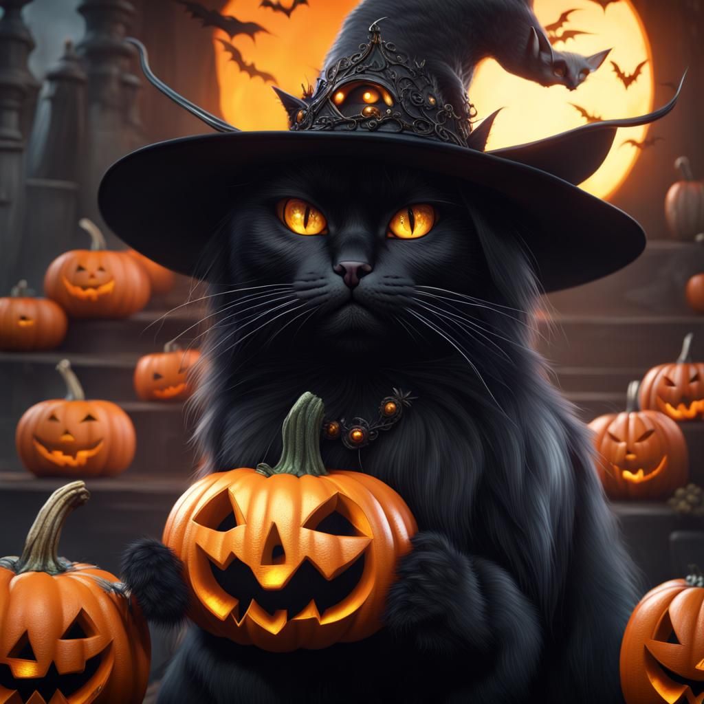 Halloween Black Cat in Pumpkin, Detailed Digital Art