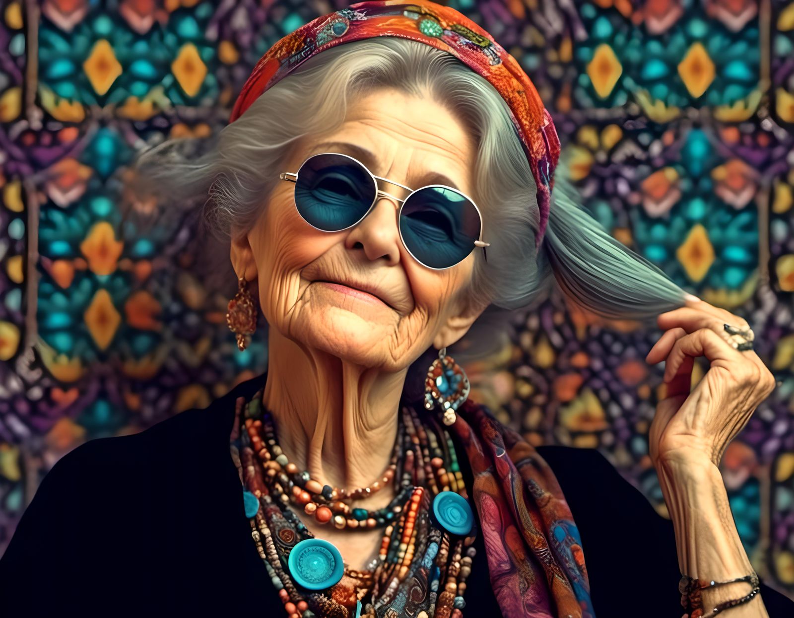 Hyperrealistic Hippie Grandma Portrait in 70s Style