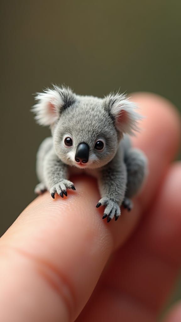 Ultra-Realistic Miniature Koala on Human Thumb
