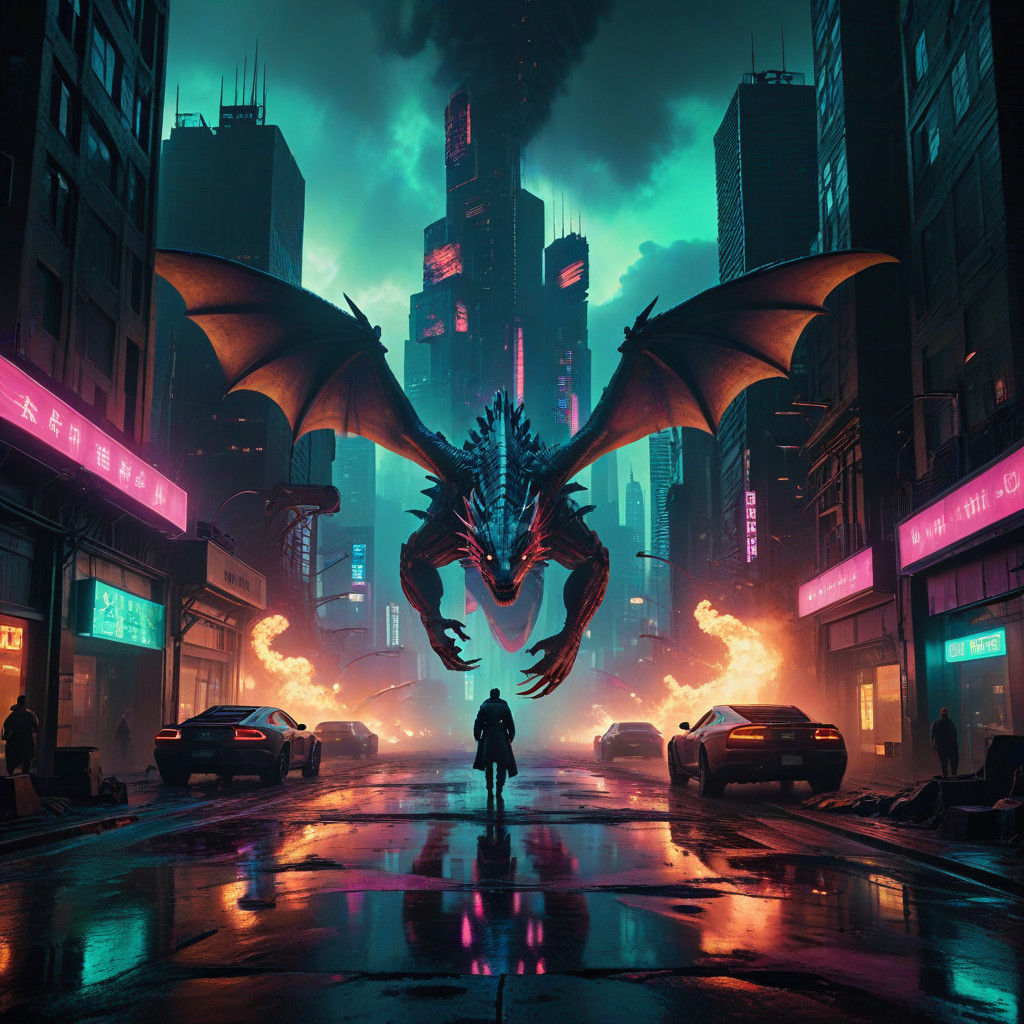 Dragons Clash in Neon Cyberpunk Cityscape