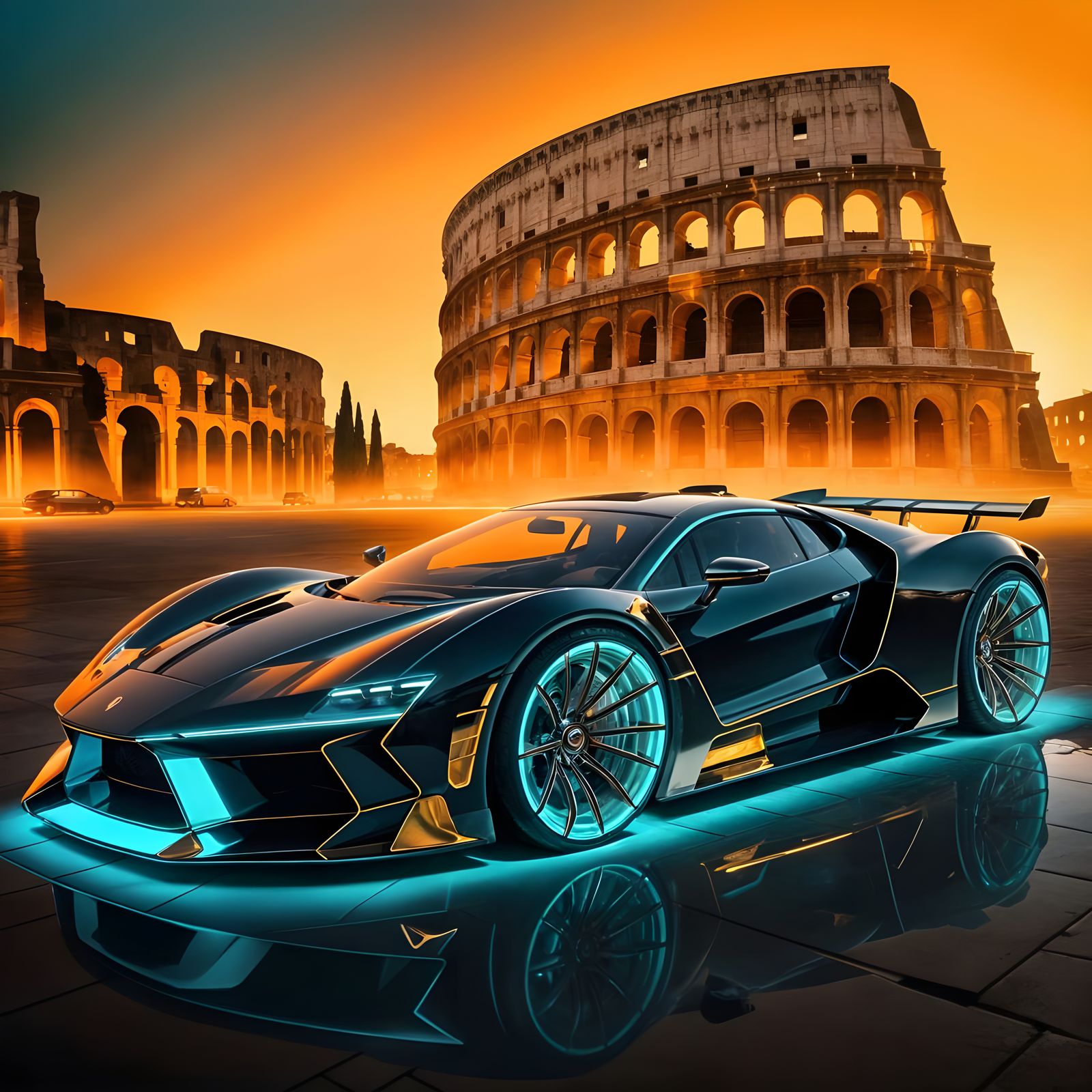 Futuristic Supercar Parked Behind the Colosseum