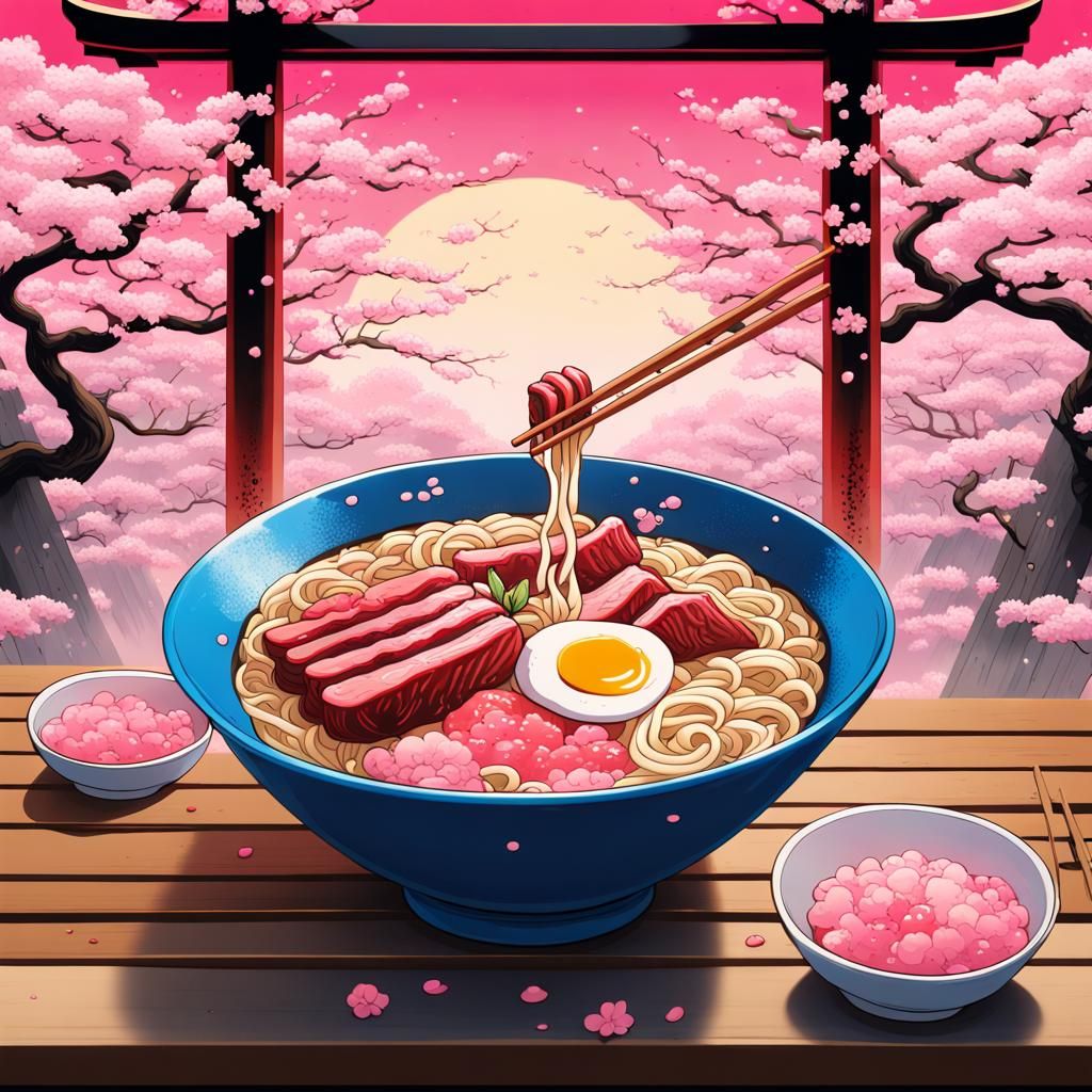 Ramen with Sakura Trees in Graffiti Art Style