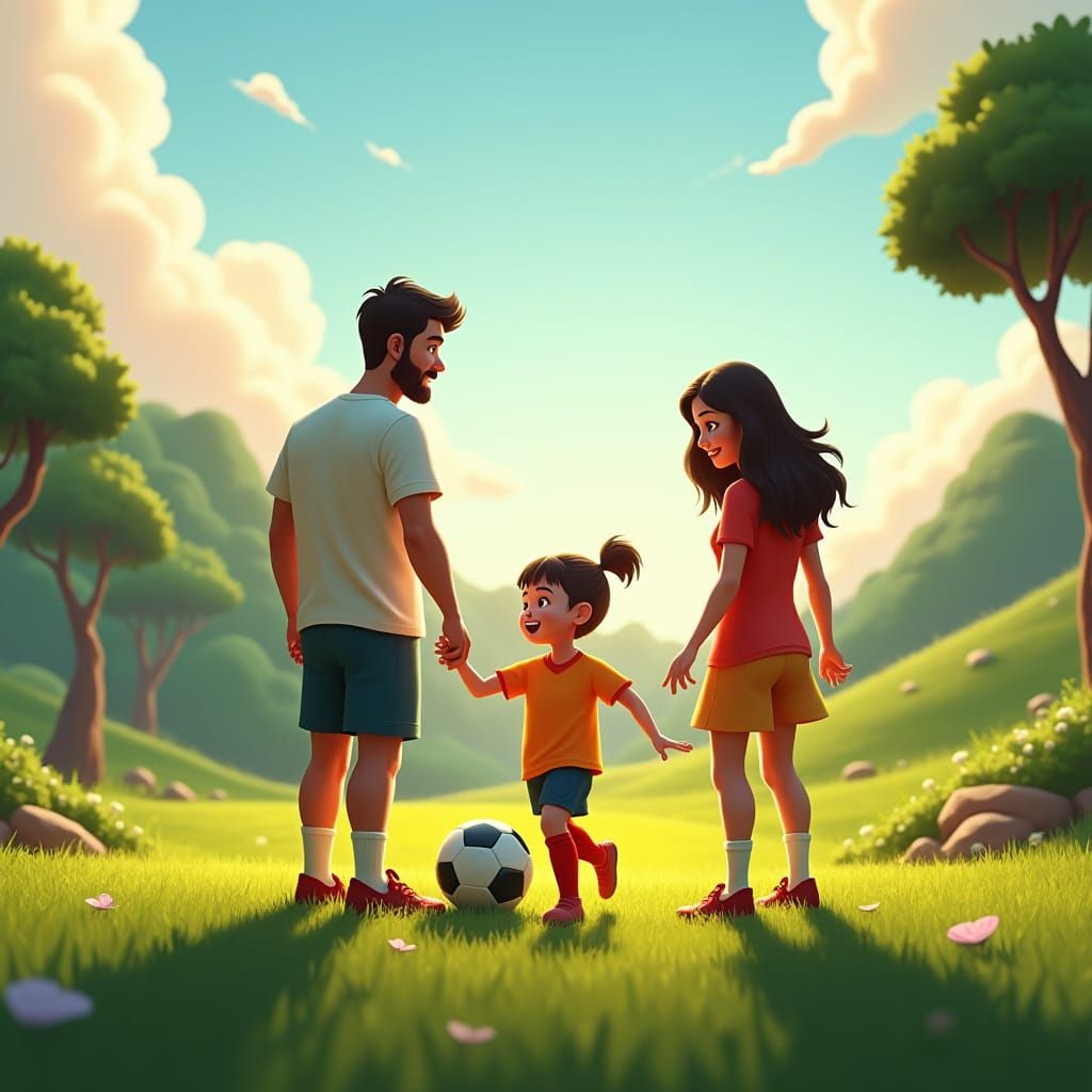 Family Soccer Game in Whimsical Landscape