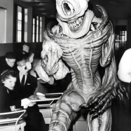 Fearsome Sci-Fi Monster in 1950s Canteen Photo