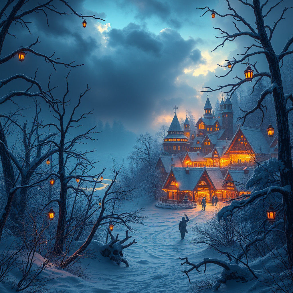 Haunting Winter Landscape with Christmas Town Glow
