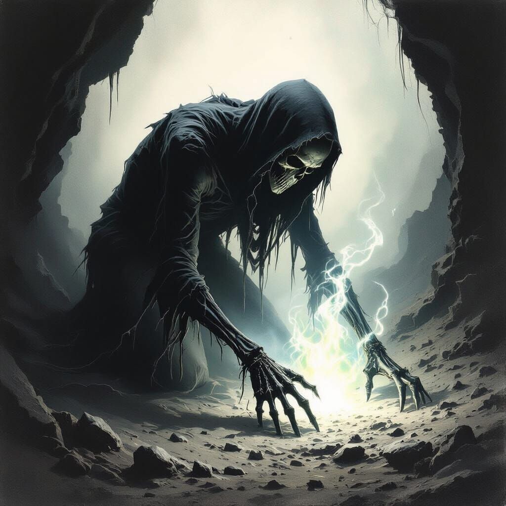 Gothic Horror Figure Emerges from Darkness with Ethereal Glo...