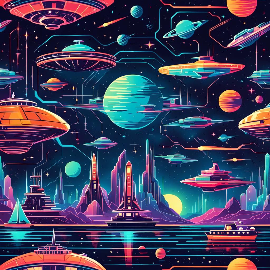 Retro-Futuristic Galactic Atmosphere with Ships and Neon
