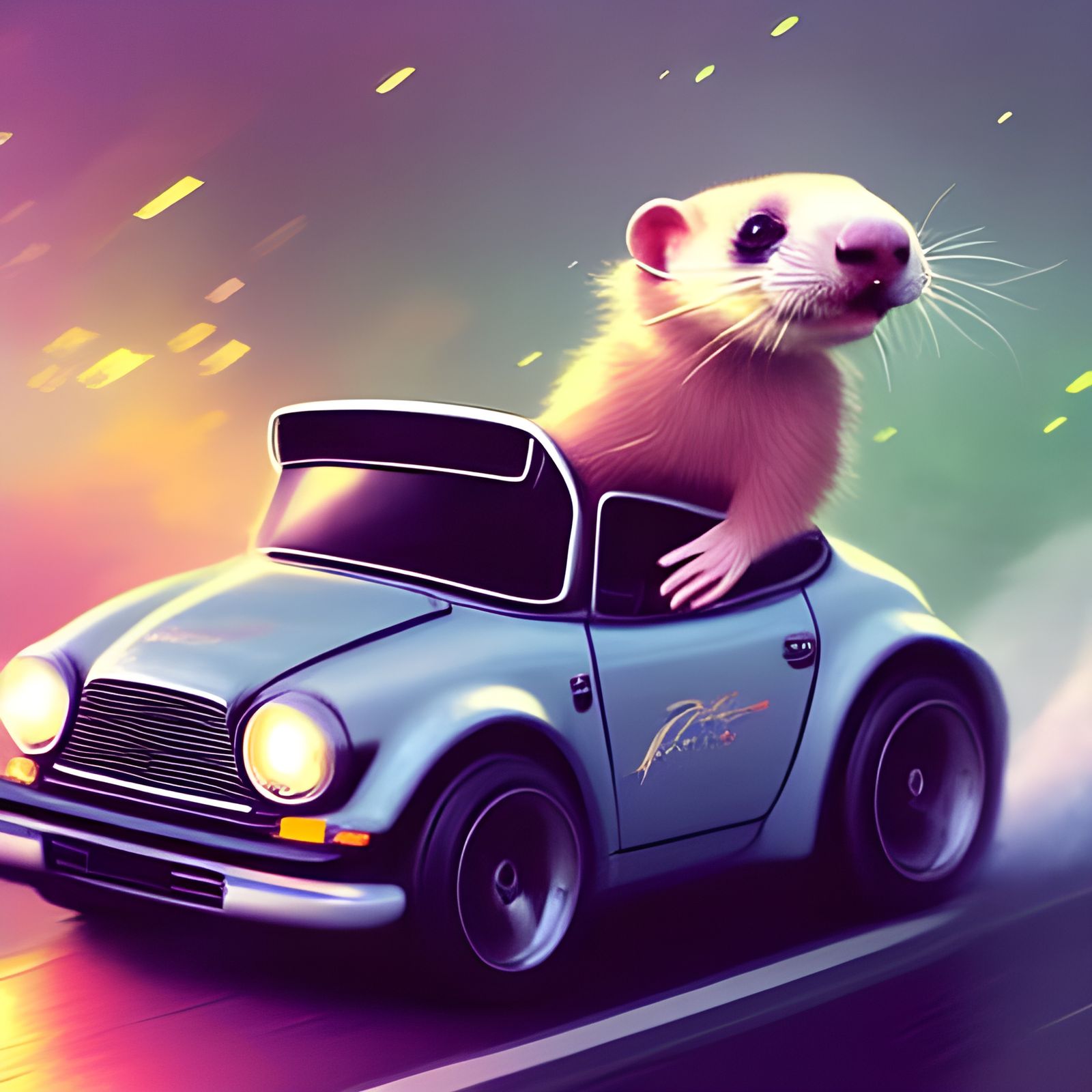 Ferret Races in Miniature Convertible, Digital Art