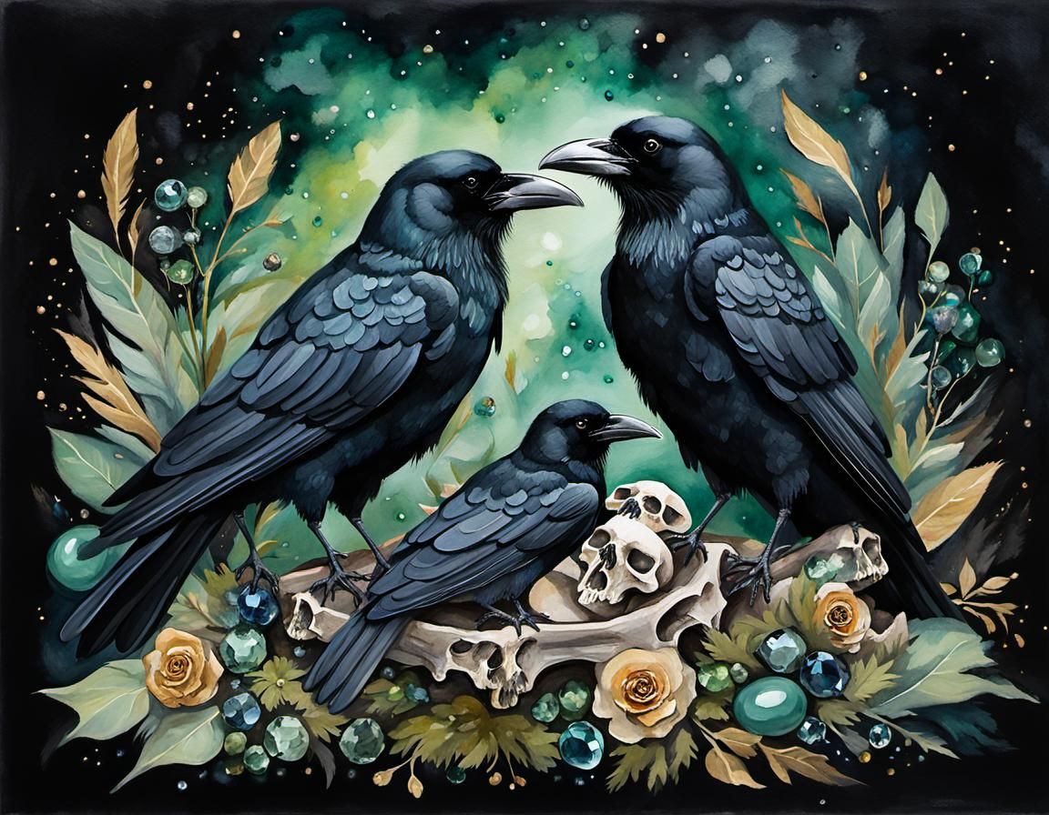 Crows sitting on a pile of bird skulls, green flowers, feathers...