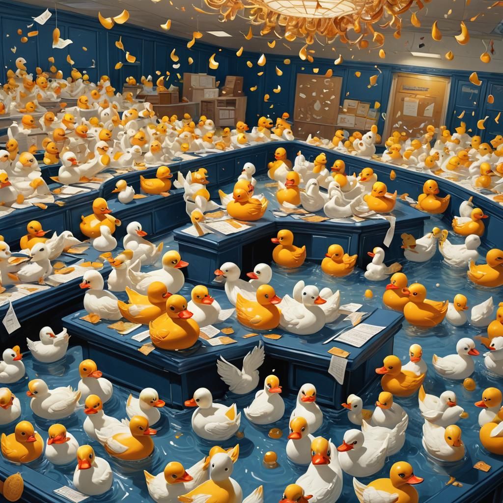 Rubber Ducks Arguing at DMV: Vibrant Concept Art