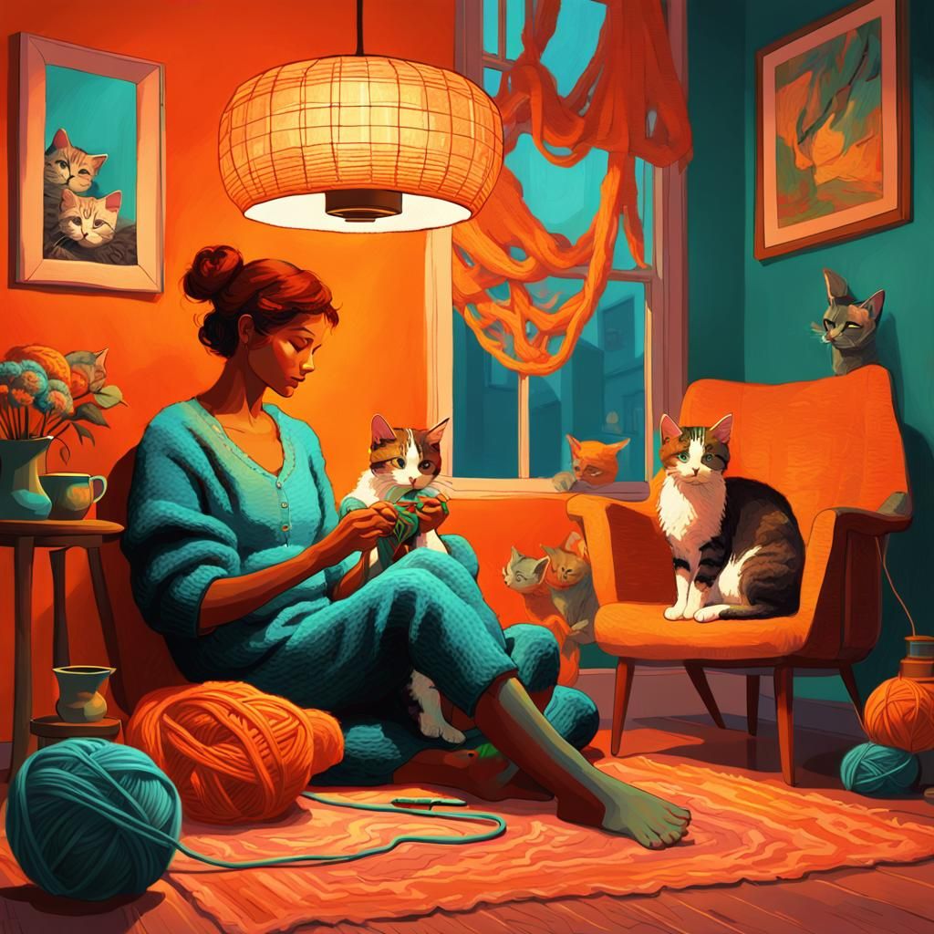 Cozy Couple Knitting with Kittens: Fauvist Concept Art