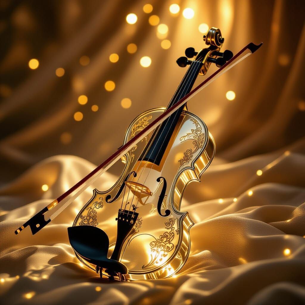 Glass Violin with Gold Bow in Art Nouveau Style