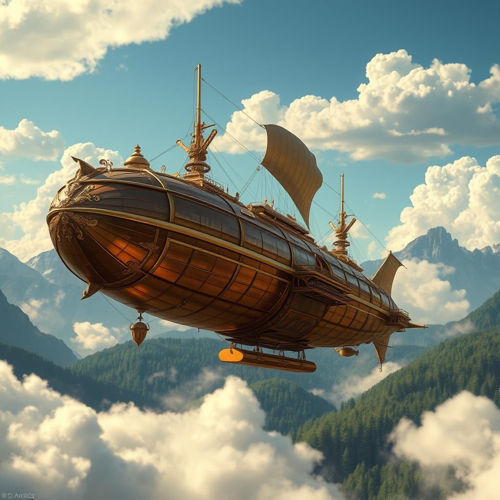 Steampunk Airship Soaring Through Clouds