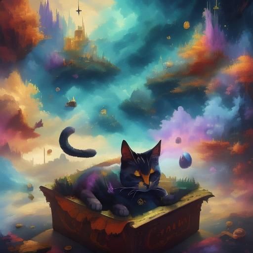 Traditional Tattoo Cat Sleeping in Box: Guache Painting