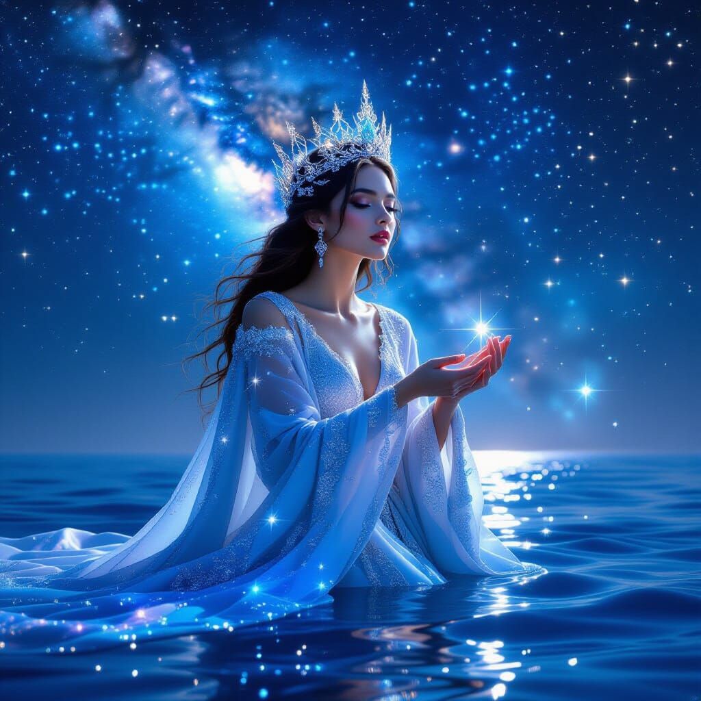 Ethereal Queen of Starlight Above Celestial Ocean