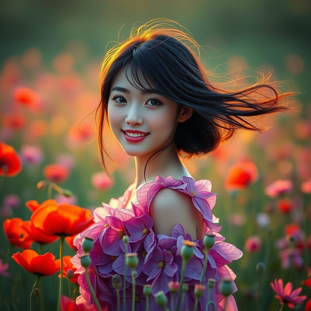 Japanese Woman in Floral Dress at Dawn