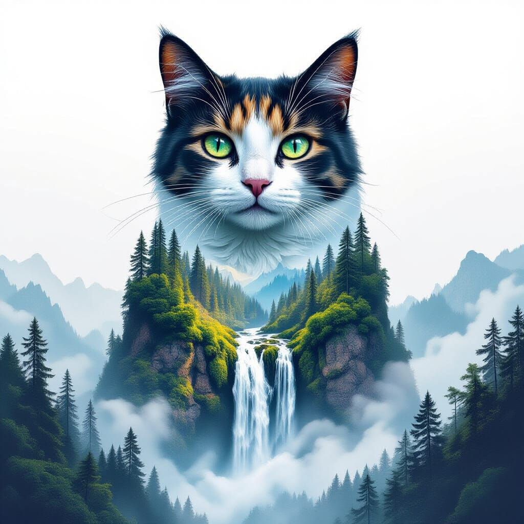 Surreal Cat Waterfall Double Exposure in Digital Painting